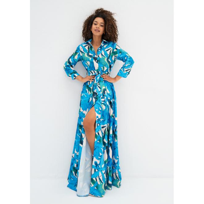 E-shop Košeľové maxi šaty MOSQUITO s modrými kvetmi, MO822 Sofia__7762 SKLM M